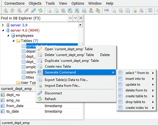 DB Exporer -Generate Commands menu for selected table