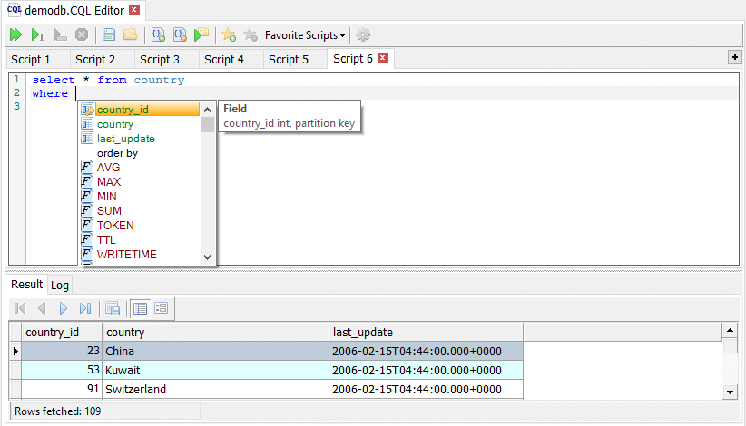 CQL Editor autocomplete menu shows field names