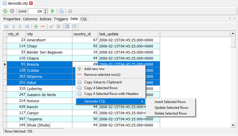 Data Editor generate CQL for selected rows