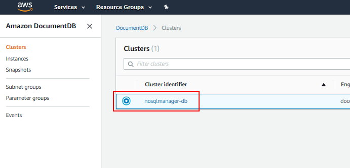AWS DocumentDB Console|Clusters: select your cluster