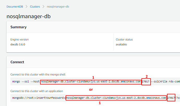 DocumentDB|Clusters|Your cluster: copy host and port