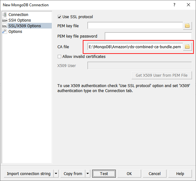 New MongoDB Connection dialog|SSL/X509 Options: specify rds-combined-ca-bundle.pem file in CA File field