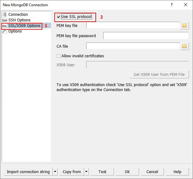 New MongoDB Connection dialog|SSL/X509 Options: enable SSL protocol