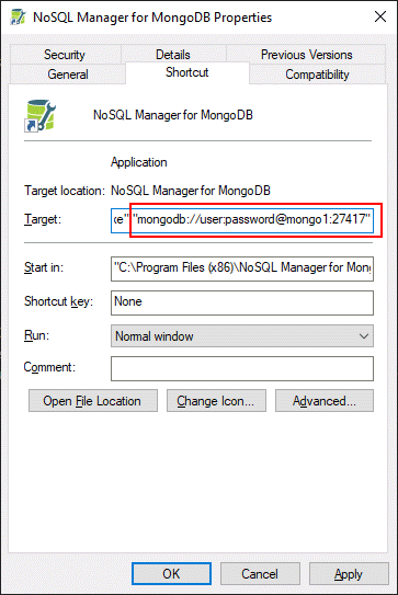Shortcut editing Adding of 'mongodb://user:password@mongo1:27417' connection string to Target shortcut property