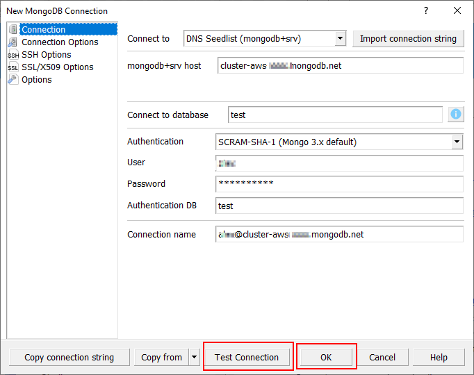 New MongoDB Connection dialog: click Test Connection and then OK