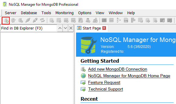 NoSQL Manager for MongoDB: click New MongoDB Connection in toolbar