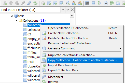Click 'Copy collection1 Collection to another Database' in DB Explorer context menu