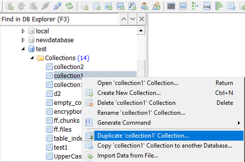 Click 'Duplicate collection1 Collection' in DB Explorer context menu