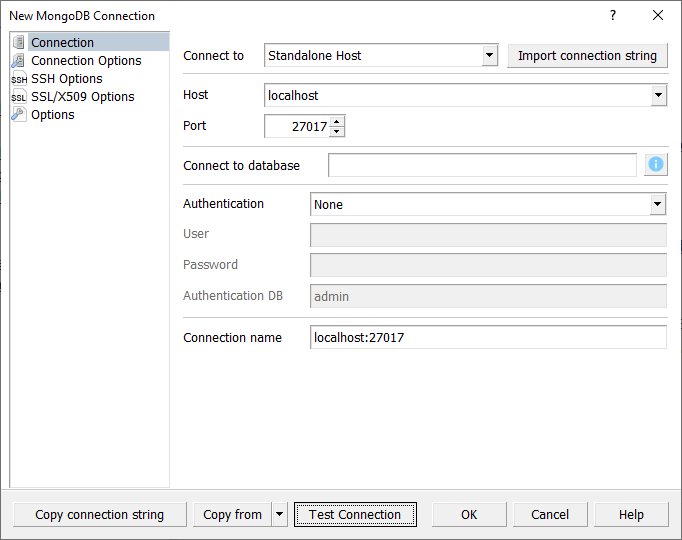 New MongoDB Connection dialog: Set host and port