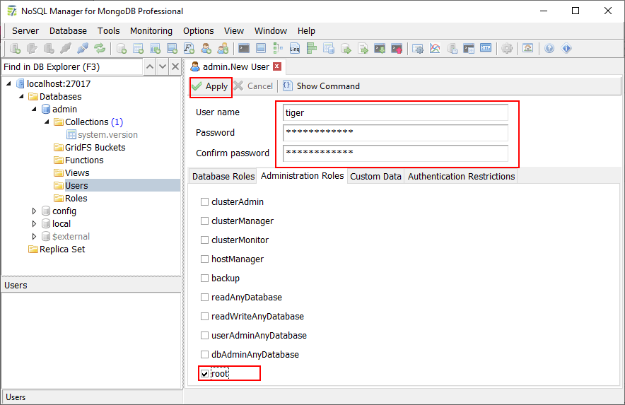 User Editor Dialog: Create admin user